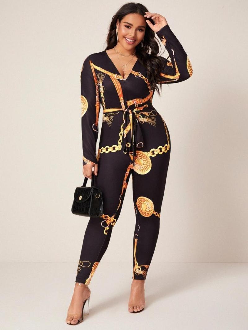 

Women's Plus Size Jumpsuits & Rompers Chain Print Self Belted Fitted Jumpsuit D80T#Women'sWomen's, Black