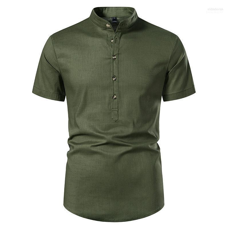 

Men's Casual Shirts Mens Cotton Linen Henley Vintage Solid Short Sleeve Hippie Fashion Beach Shirt Men Summer Streetwear Chemise Homme Eldd2, Army green