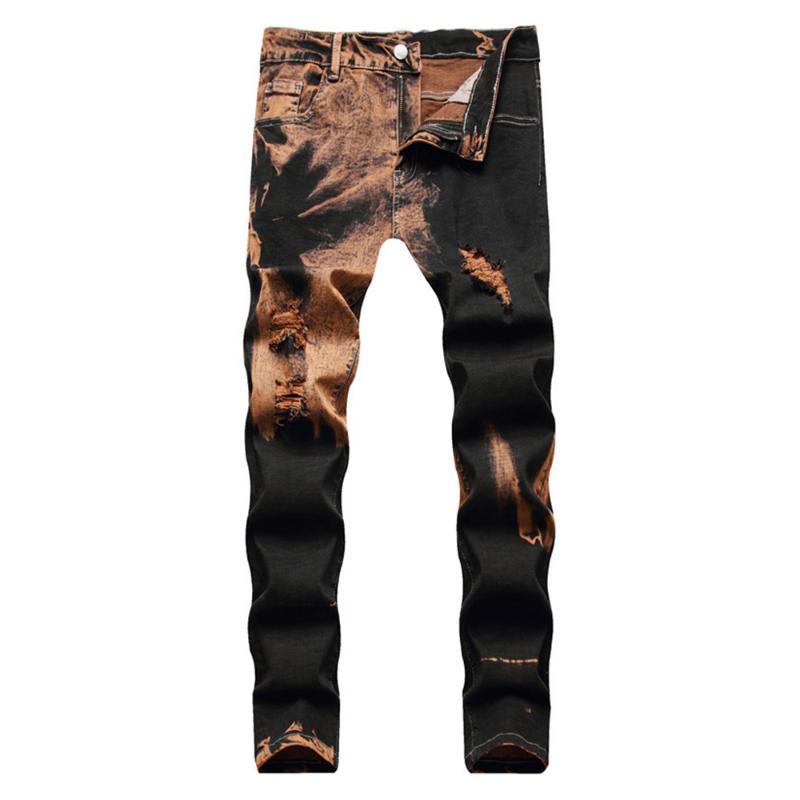 

Men's Jeans Men Tie And Dye Stretch Cotton Denim Trendy Holes Ripped Middle Waist Straight Pants Plus Size TrousersMen's, Auburn