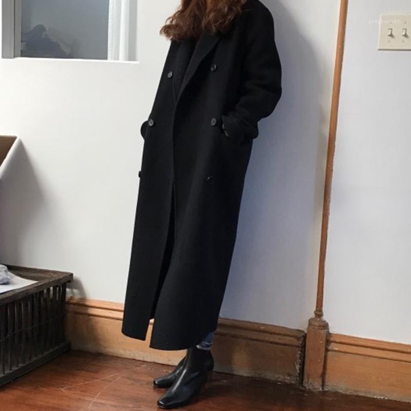 

Women' Wool & Blends Style Korea 2022 Winter Long Suit Collar Double Breasted Solid Overcoat Women Coat Loose Manteau Femme, Black