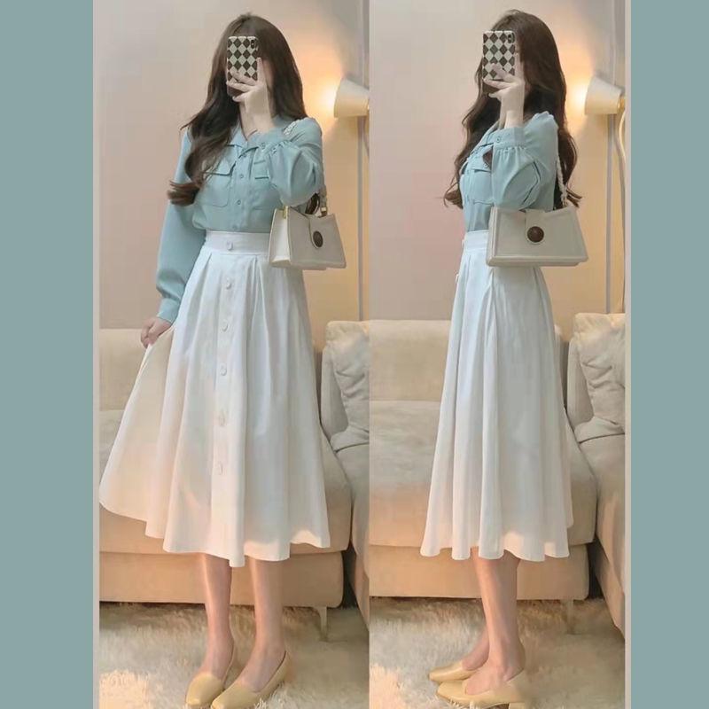 

Women' Two Piece Pants Hong Kong Style Retro Chic Professional Shirt Skirt Fried Street Age Reduction Sweet Two-piece Suit 2022 Spring And, Beige