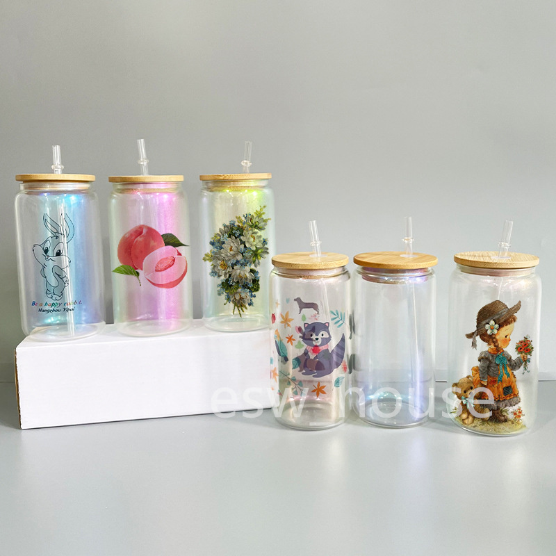 

16oz iridescent glass tumblers with bamboo lid DIY heat transfer printing cola cups sublimation blanks beer can beverage drinking bottles, As picture