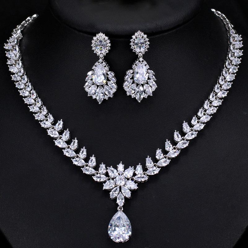 

Earrings & Necklace CWWZircons Water Drop Big Sparkling Cubic Zirconia Wedding Jewelry Set Luxury Bridal Costume Accessories T293Earrings, As pic