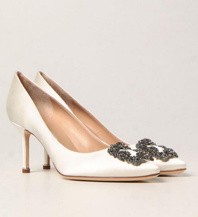 

Luxury Brands designer pumps women high heels sandals dress shoes Hangisi Crystal Buckle Pump Embellished Satin leather, 10