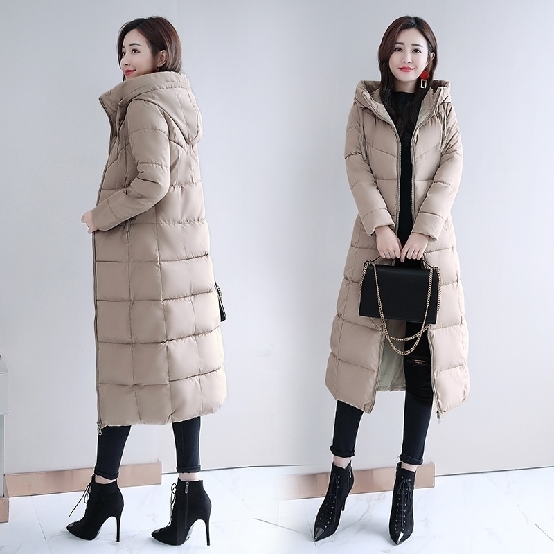 

women winter plus size M6XL Xlong parkas stand collar 8 colors slim thick jacket fashion hooded warm ladies coats femme 201027, Khaki