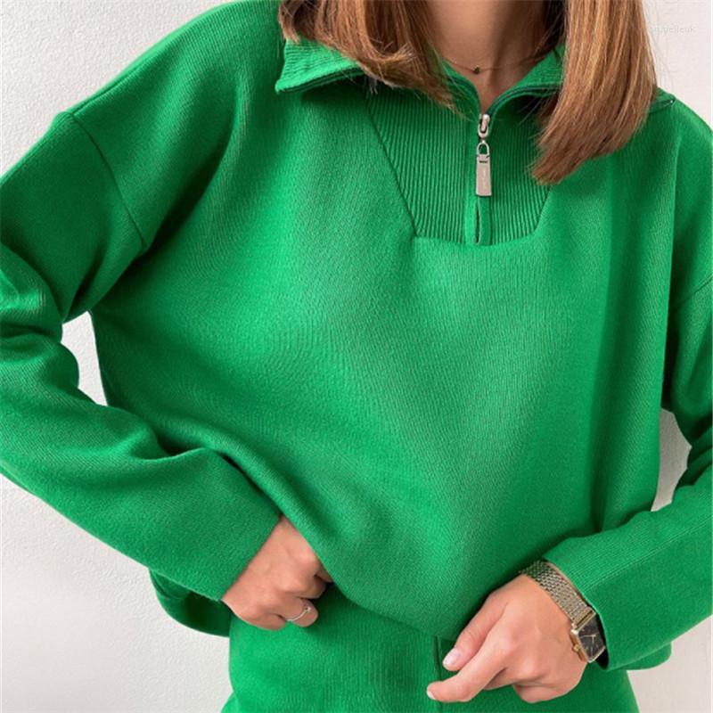 

Women' Sweaters Women Zip Long Sleeve Lapel Collar Casual Solid Green Ladies Pullover Sweater Jumper Knitted Tops Spring AutumnWomen