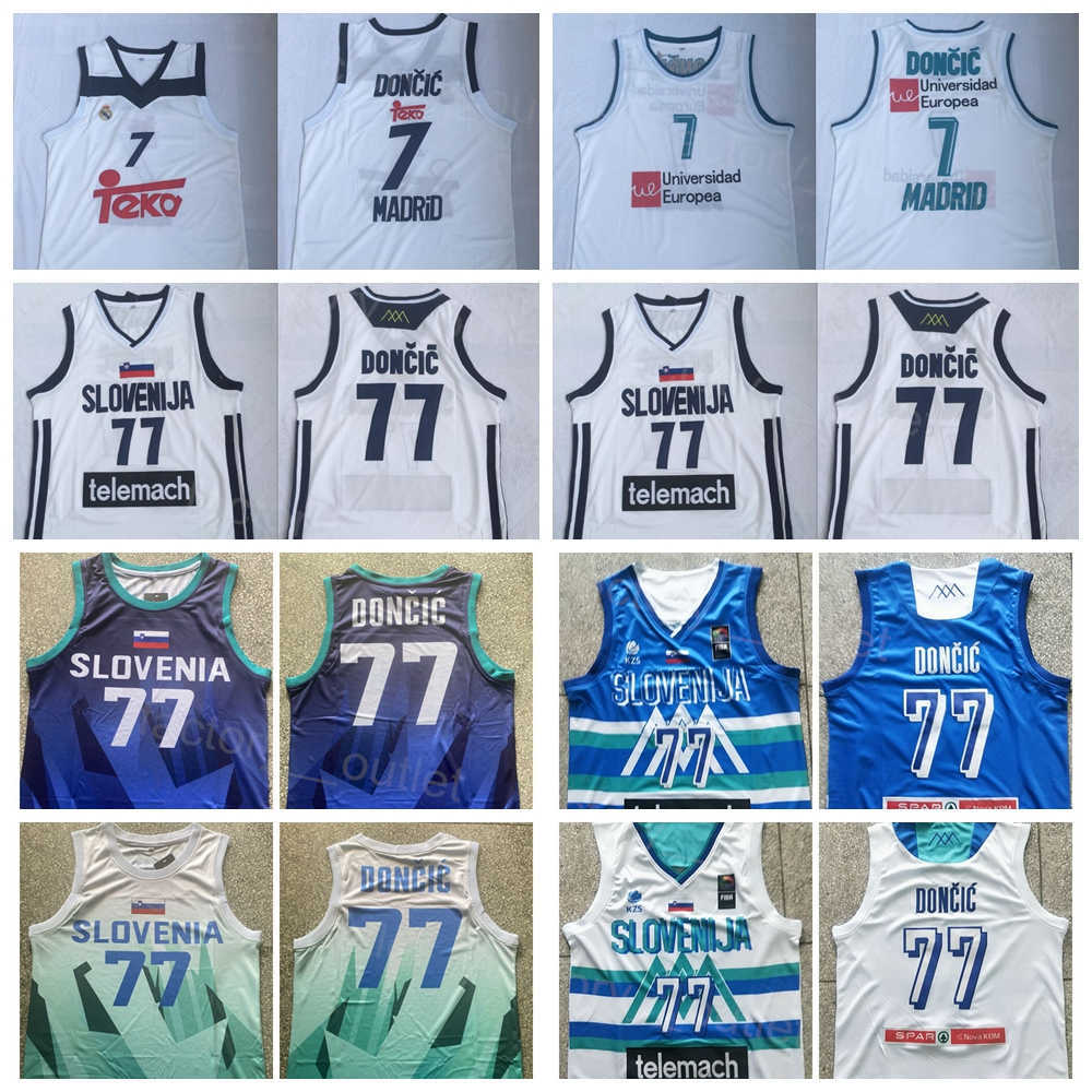 

National Team Slovenia Basketball 7 Luka Doncic Jersey 77 Euroleague Europe College All Stitched Breathable For Sport Fans White Blue Color Pure Cotton High