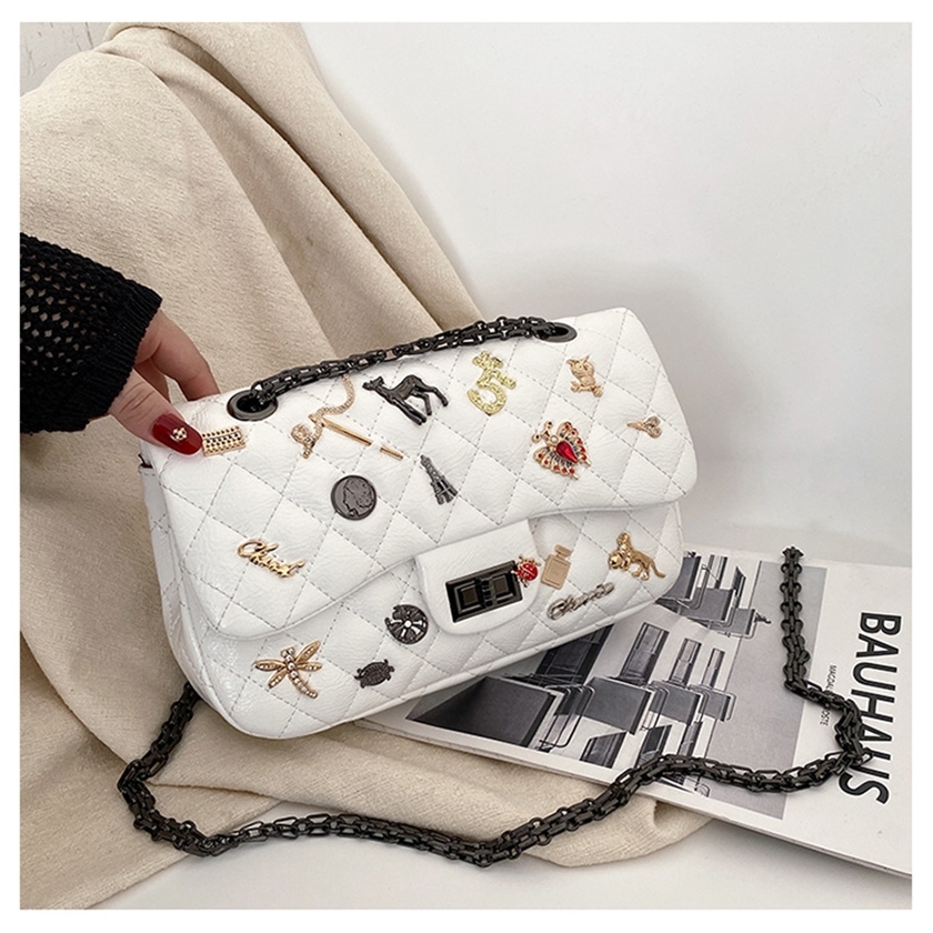 

56% OFF 2022 trendy bags Bag women's pop new small badge diamond lattice embroidered thread chain trend Single Shoulder Messenger, White