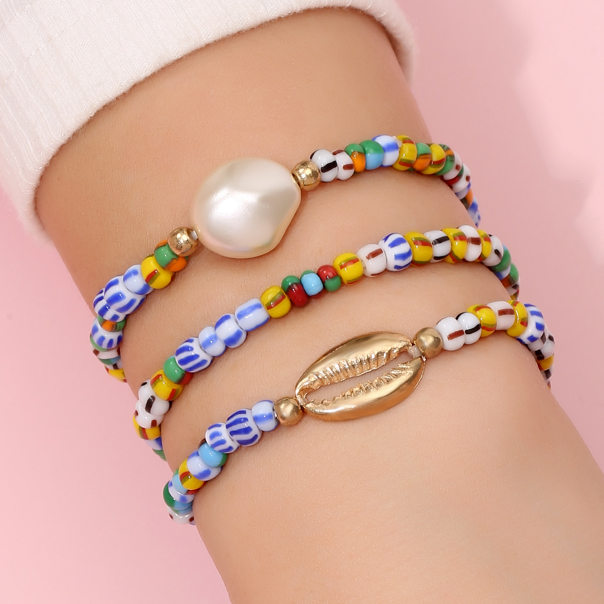 

S2973 Bohemina Fashion Jewelry Strands Coloful Personality Shaped Glass Beads Bracelet Set Metal Shell Faux Pearl Beaded Bracelets 3pcs/set