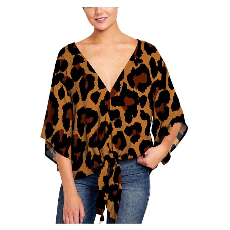 

Women's Blouses & Shirts Plus Size 5XL Womens Tops And Tunic Sexy Leopard Floral Women Casual Loose Batwing Sleeves Top Tie Front, White