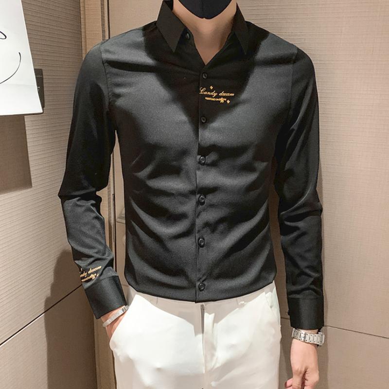 

Men's Casual Shirts High Quality Men Dress Shirt Embroidery Style Long Sleeve Business Slim Fit Formal Social Classic TopsMen's, White