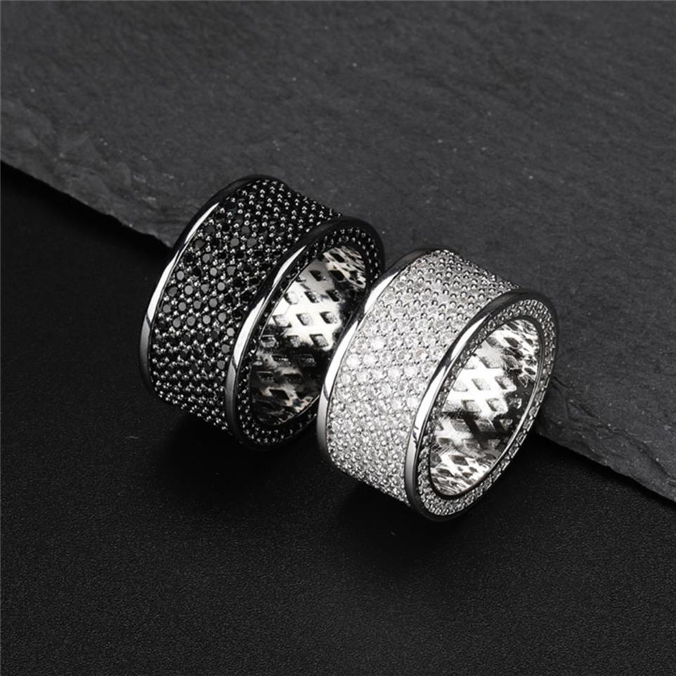 

18K White Gold Iced Out White Black CZ Zircon Ring Mens Hip Hop Wedding Ring Full Diamond Rapper Jewelry Gifts for Men Whole347l