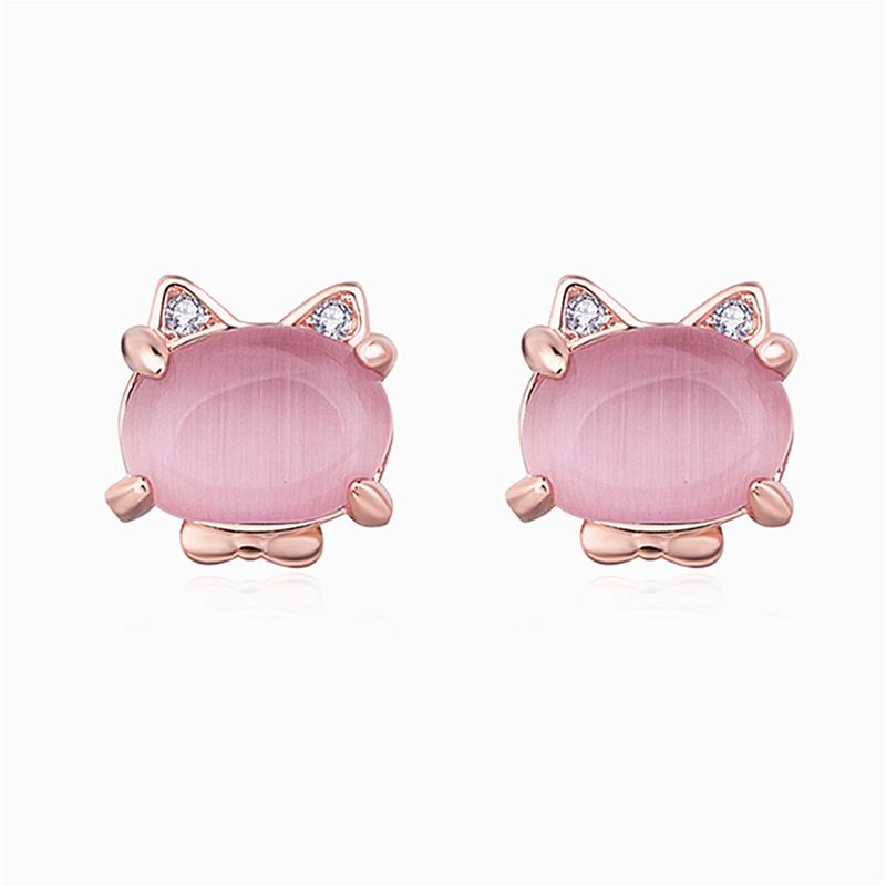 

New High Quality Jewelry Fashion Ladies Earrings Pink Hibiscus Stone Cute Cat Stud Earrings Girl Ladies Gifts