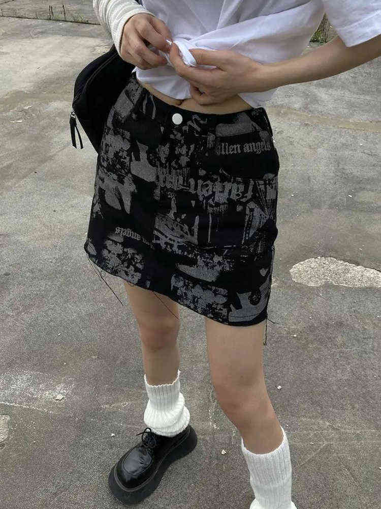 

HOUZHOU Gothic Grunge Print Denim Mini Skirt Women Punk E Girl Distressed High Waist A-line Black Jean Skirt Korean Streetwear T220819