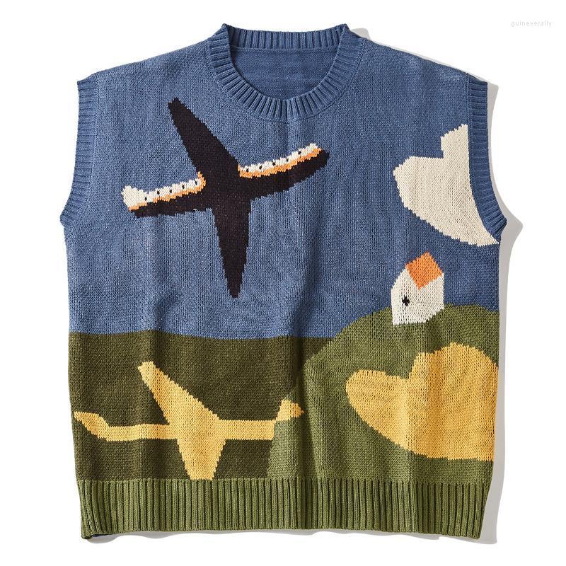 

Men's Vests LACIBLE Harajuku Streetwear Knitted Sky Plane Print Sweaters Vest 2022 Autumn Casual Sleeveless Sweater Fashion Knitwear Tops Gu, Light blue