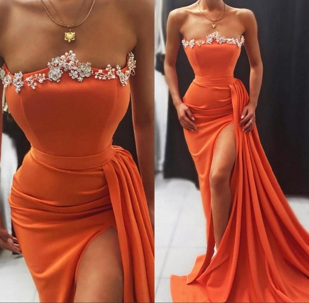 Orange Red Strapless Satin Mermaid Long Prom Dresses 2022 Sexy Beaded Split Women Sweep Train Evening Party Gowns robes BC12708