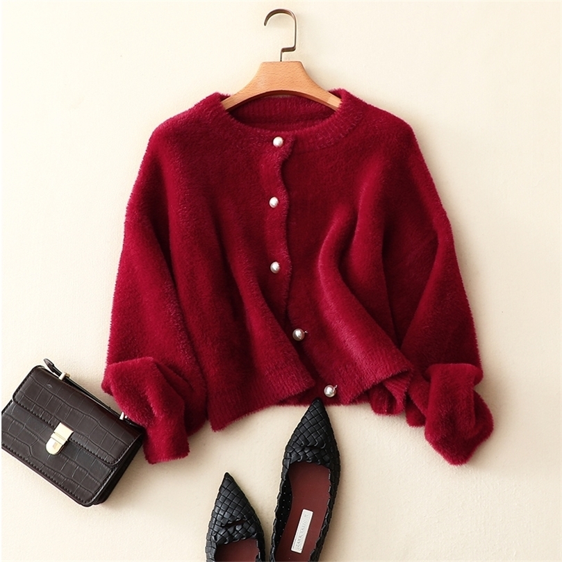 

HSA Women Fall Cardigans Fake Fur Short Sweater and Ponhoes Long Sleeve Short Crop Cardigans Mohair White Knitting Jacket 201203, Lm19404-c red