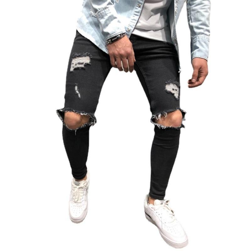 

Men' Jeans Streetwear Knee Ripped Skinny For Men Hip Hop Fashion Destroyed Hole Pants Casual Solid Color Male Stretch Denim TrousersMen, Black