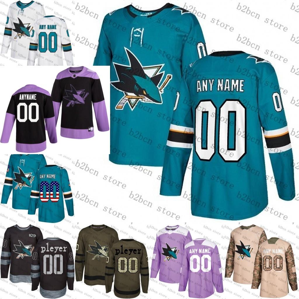 2019 fights cancer practice Custom San Jose Sharks mens womens youth Teal Green Black camo Personalized ice Hockey Jerseys Stitched S-3XL