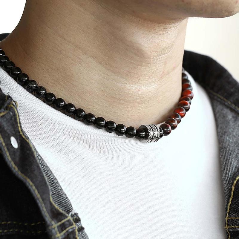 

Chains Womens Mens Bead Necklace Mixed Red Tiger Eye Black Natural Stone For Men Women Stainless Steel Charm Gifts LTNB00103