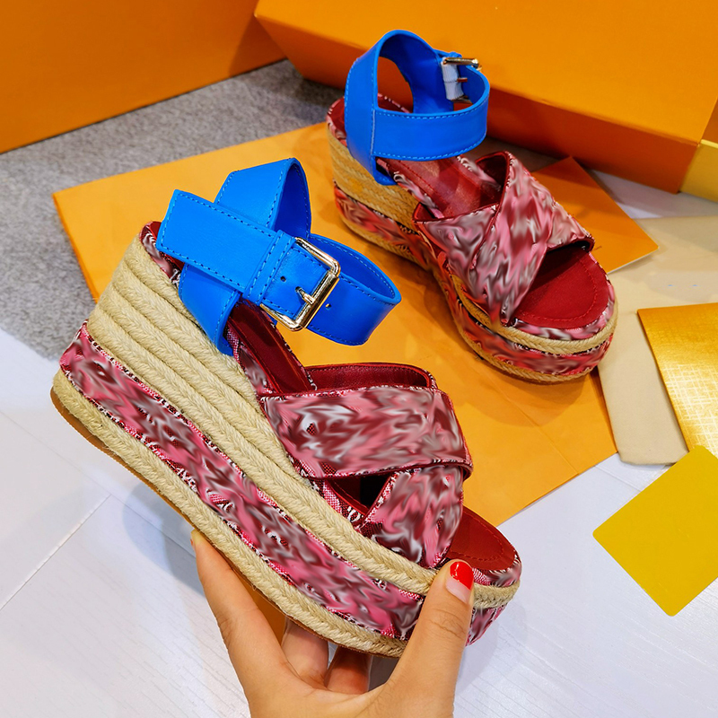 

2022 Luxury Since Sandal Starboard Wedge Sandal Women Designer Sandals High Heel Espadrilles Printing Canvas Lady Slides Outdoor Shoes NO376