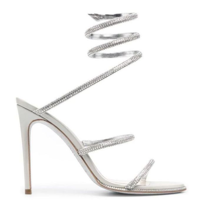 

RENE CAOVILLA Cleo open toe sandals crystal embellished spiral snake tail sandals twining rhinestone sandal women Top quality Silver WHITE stiletto heels shoes, Only a boxes