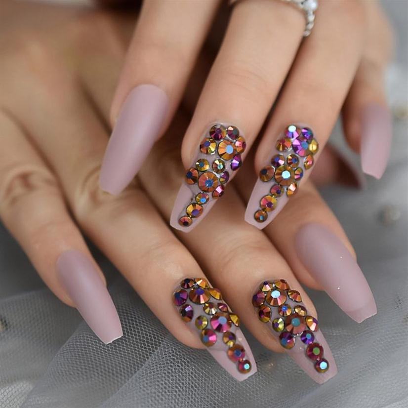 

Ballerina Customize Press On Nails Matte Cream Pink Gold Rose Crystal Decoration False Nails Extra Long Coffin Tips269P, L5430