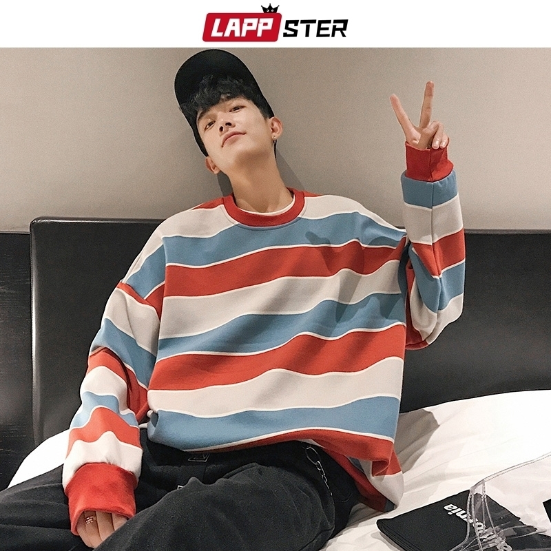 

LAPPSTER Striped Harajuku Hoodies Sweatshirts Streetwear Thick Autumn Hip Hop Hoodies Men Colorful Korean Loos hoodie 2XL 201113, Pink