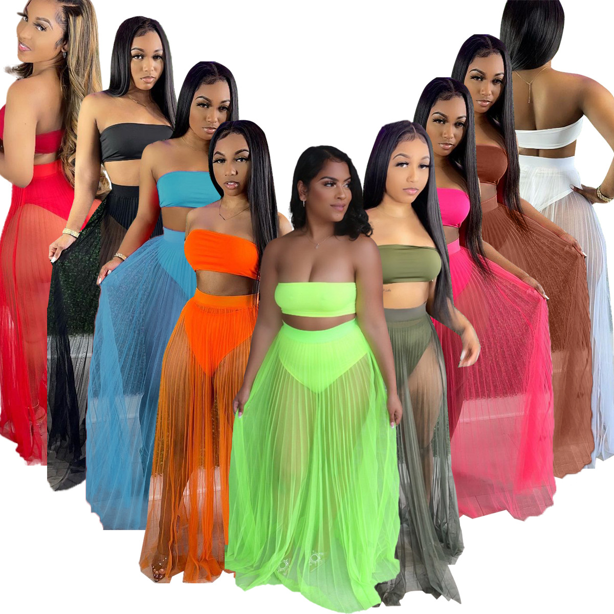 

2022 Summer Strapless Sheer Mesh Patchwork Long Dress Women Sexy Transparent See Through Beach Maxi Dresses Robe Sundress Girls shirts Clothing0005, White