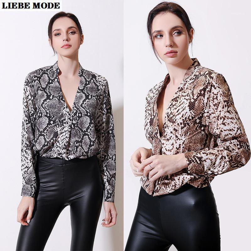 

Women' Blouses & Shirts Spring Woman V Neck Loose Chiffon Elegant Snake Skin Print Long Sleeve Tops And Blouse For Women Summer, Brown