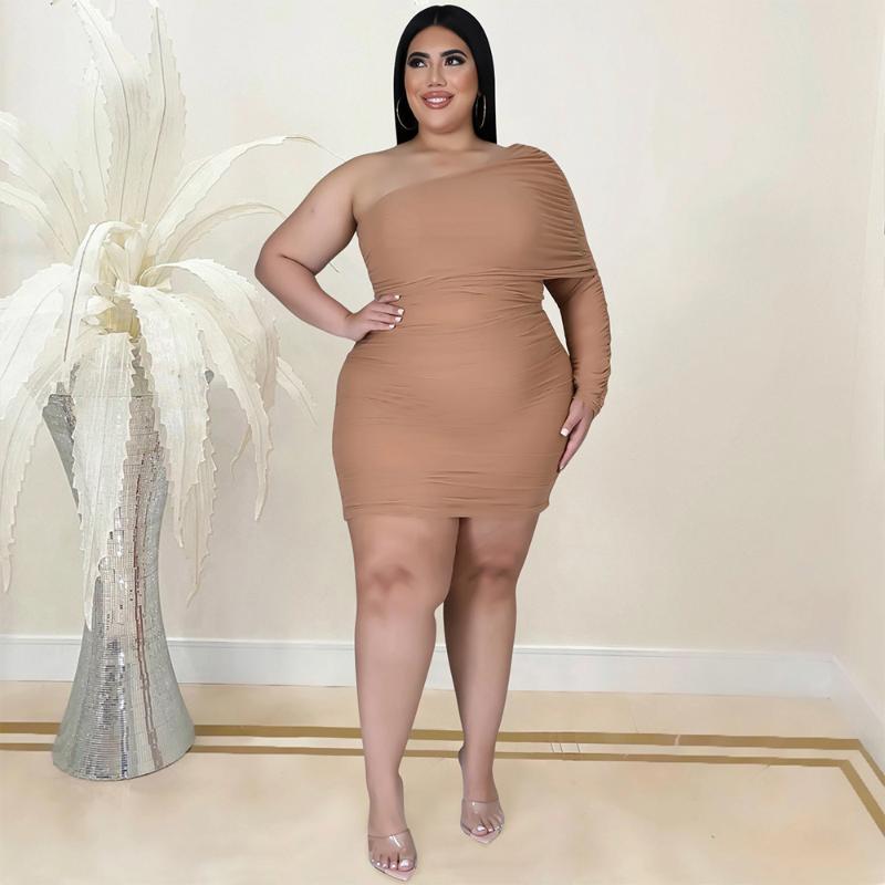 

Plus Size Dresses ZZ Women Clothing Elegant One Shoulder Mesh Patchwork Long Sleeve Bodycon Dress Drop WholesalePlus, Black