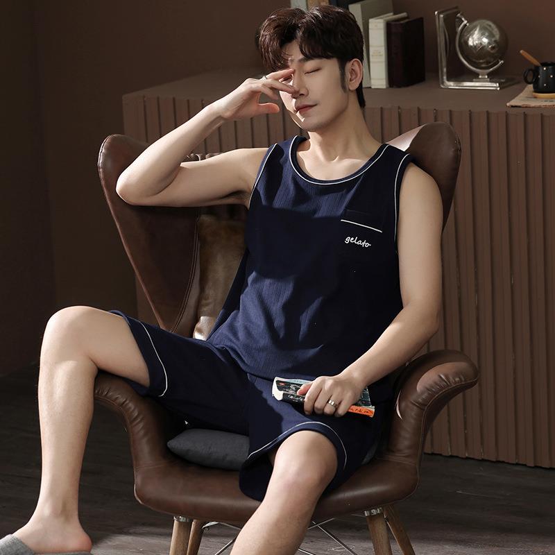 

Summer Mens Pajamas Vest Shorts Sleepwear Draw Strips Combed Cotton Solid Color Simple Homewear Suit Large Size Can Be Worn