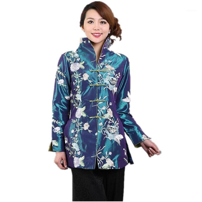 

Women' Trench Coats Top Sale Blue Lady Satin Polyester Overcoat Mandarin Collar Button Jacket Embroidered Flower Outwear Costume Size  To