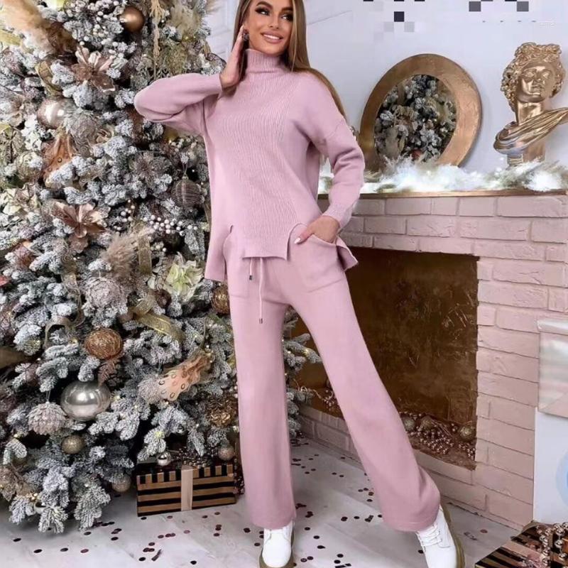 

Autumn And Winter Casual Loose Knit Set Women' Thick Turtleneck Sweater Wide Leg Pants 2 Two-Piece Tracksuits, White
