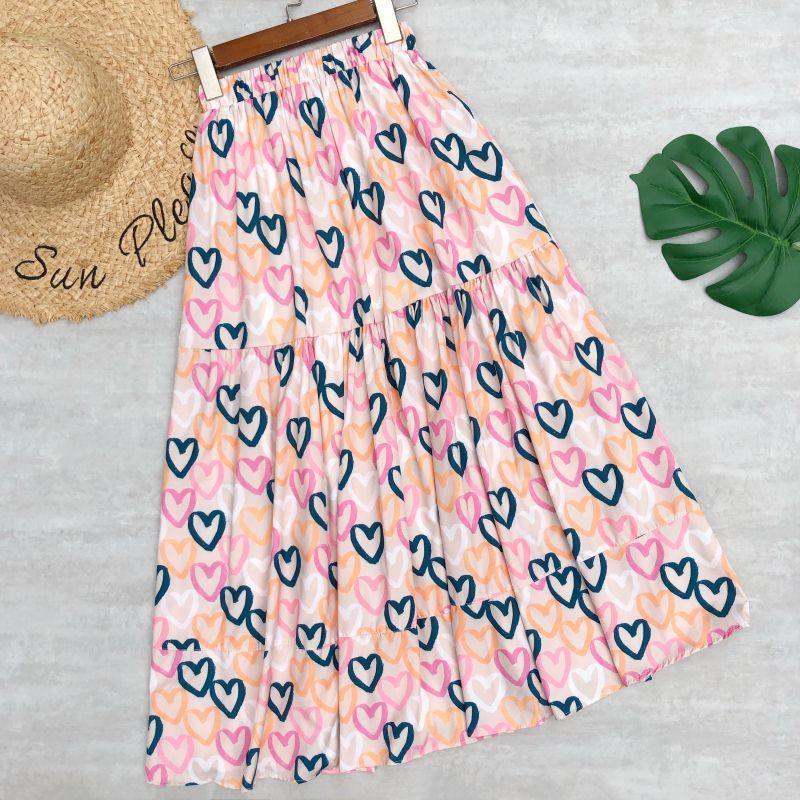 

Women Spring Summer Midi Skirt Heart Printing High Waist Patchwork Mid Calf Length Sweet Girls Painting Cake Skirts Long, Beige