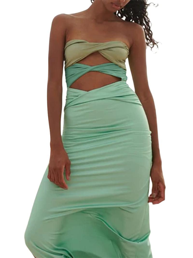

Casual Dresses Fashion Women Strapless Summer Dress Contrast Color Twist Cutout Front Slim Fit Beachwear Party Gown Club Street StyleCasual, Green
