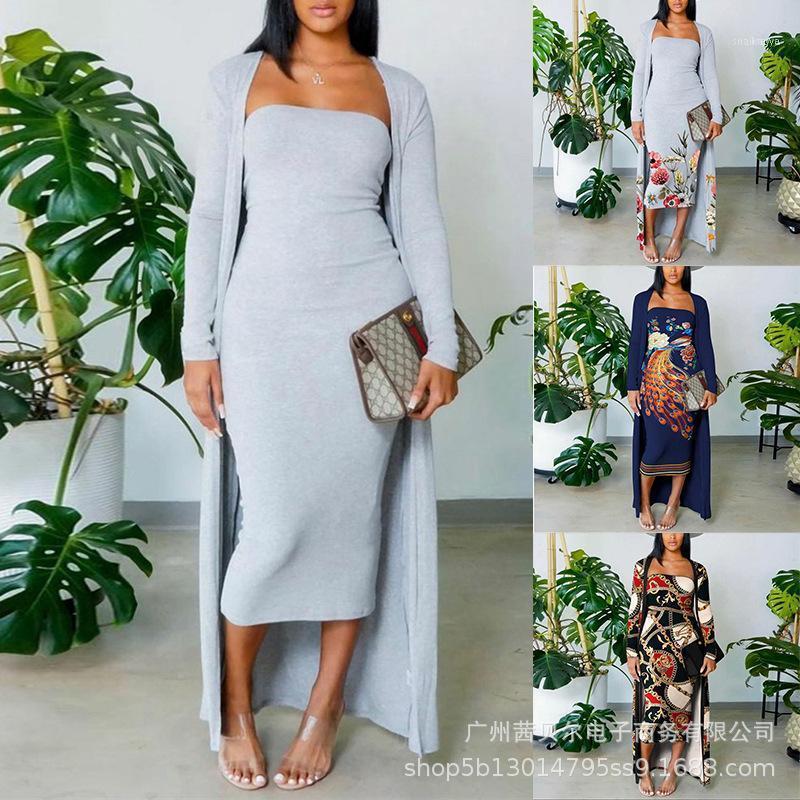Robes décontractées femmes deux pièces ensemble Sexy Slash cou robe et manteau 2022 été longue fête costumes printemps imprimé fleuri ensembles