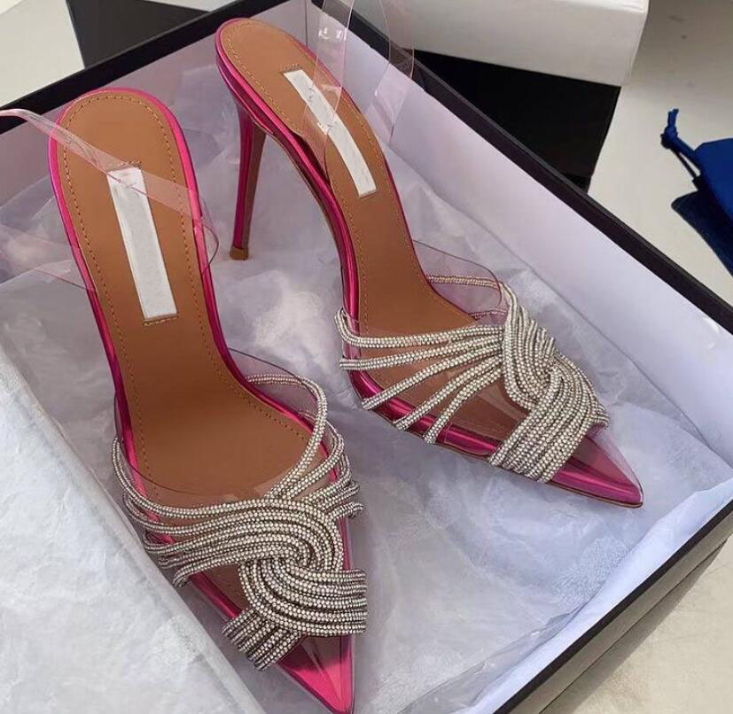 

Summer Luxury bride pump slingback heel Gatsby Sandals Shoes Women Slingback Pumps Crystal Swirls PVC Toecaps Pointed Toe High Heels EU35-43