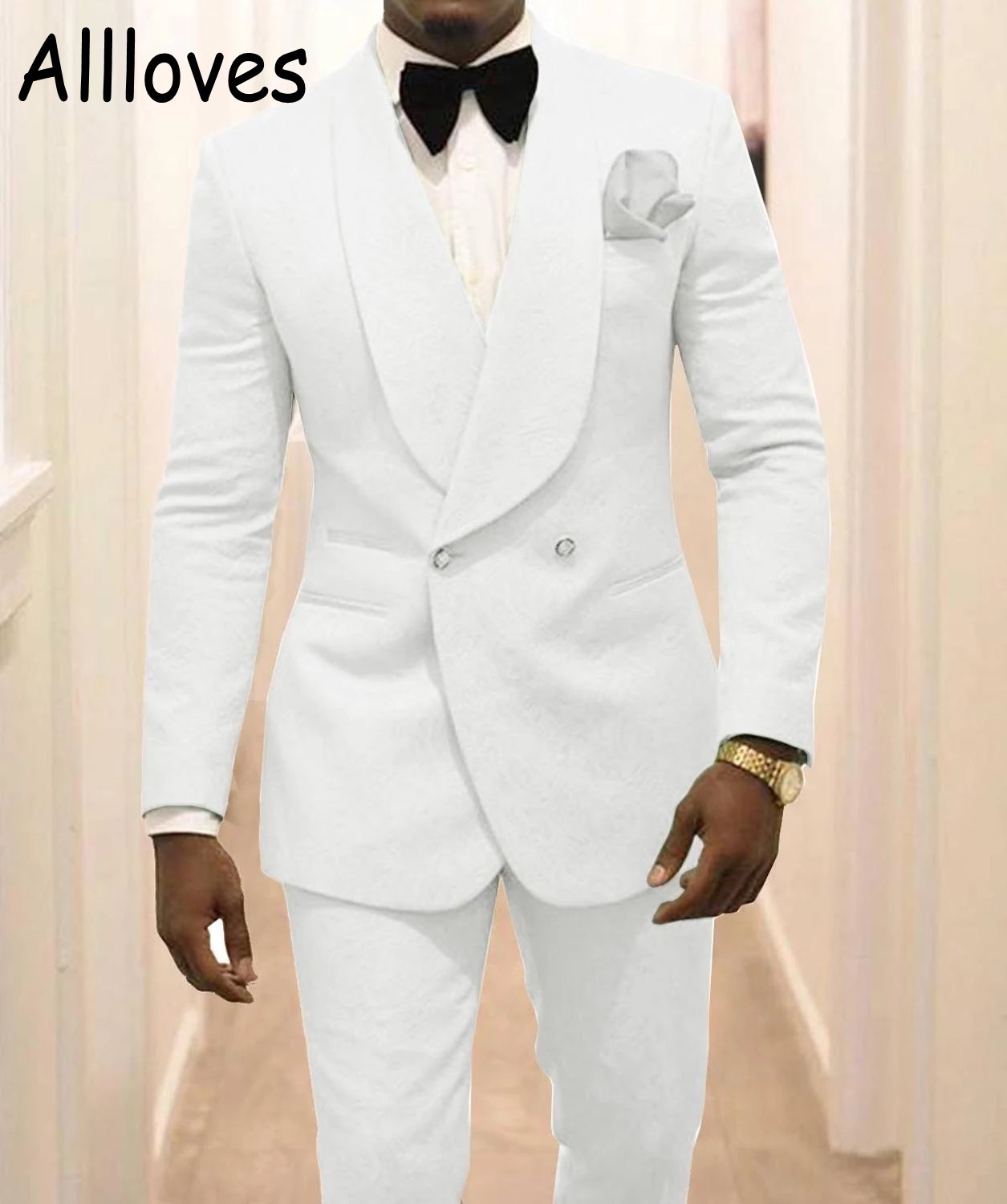 Custom Made Groom Tuxedos Groomsmen White Pattern Shawl Lapel Men Suits Formal Evening Wedding Blazer Suits Man Two Pieces CL0358