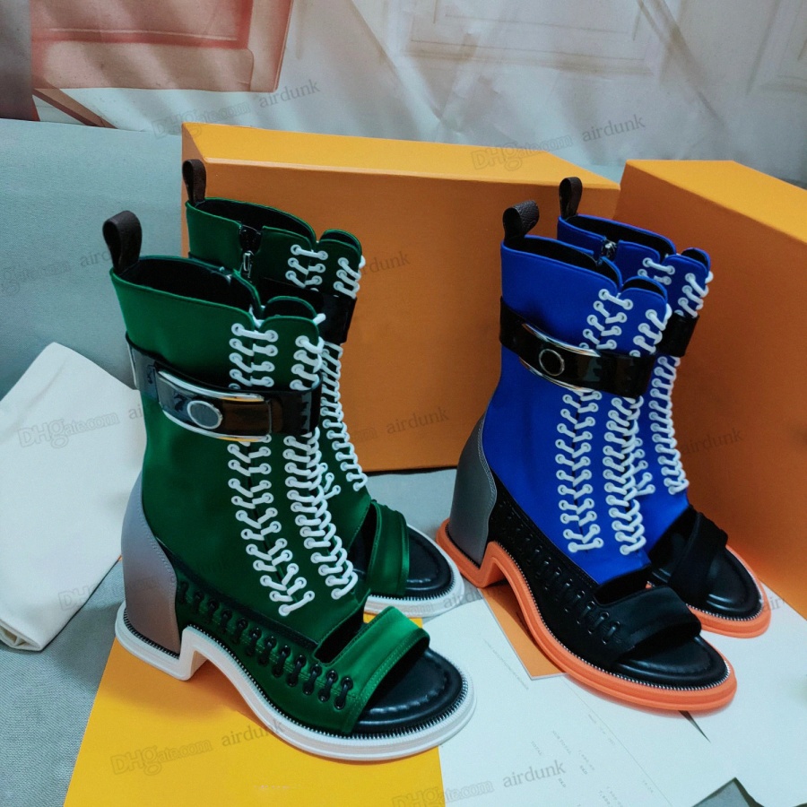 

2022 Women Moonlight half boot Spring Summer open toe and sturdy heel Soft gold silk calfskin with metal zip around outsole woman Botte ankle boots si x52f#