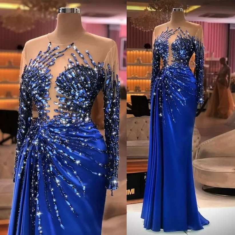 2022 Luxe Plus Taille Arabe Aso Ebi Royal Blue Robes De Bal Cristaux De Perles Sheer Cou Soirée Formelle Partie Deuxième Réception Robes Robe B06