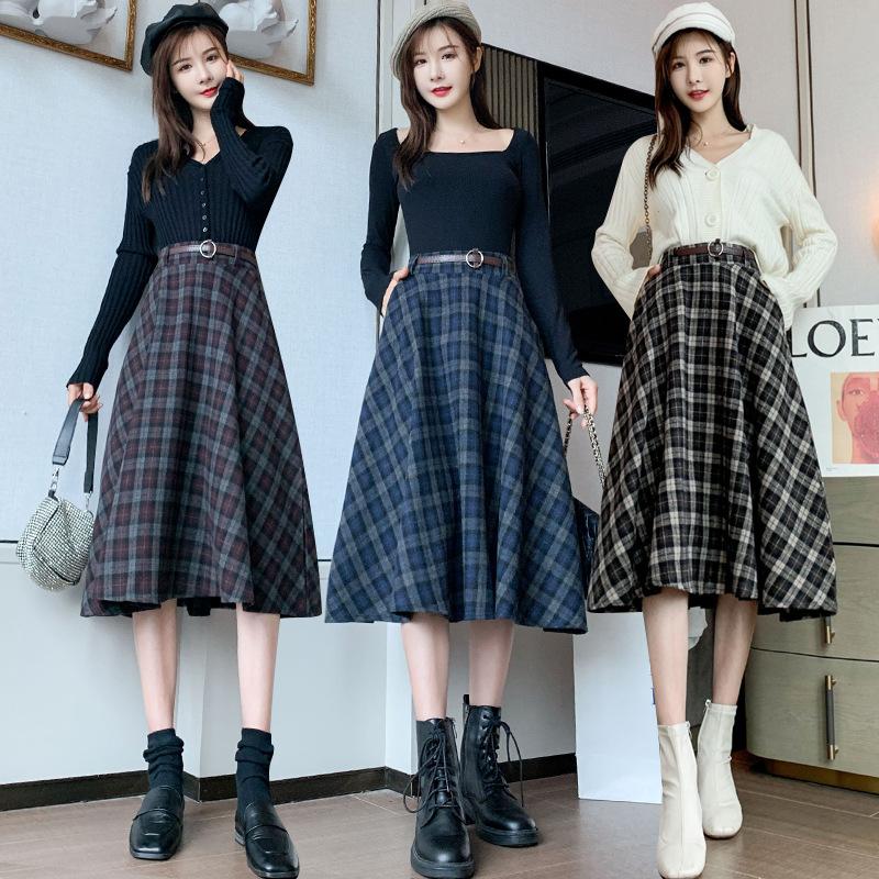 

Clothing Sets Japanese Vintage Wool Plaid Skirt Women High Waist Long S-XL Autumn Winter Harajuku Female Elegant Send BeltClothing, Coffee