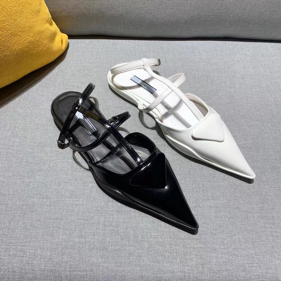 

Designer Heels Slingbacks Women Dress Shoes Luxury Triangle Logo Patent Leather Pumps Pointed Toes Flat Heel -40 With Box Dresses Wedding Party, 02
