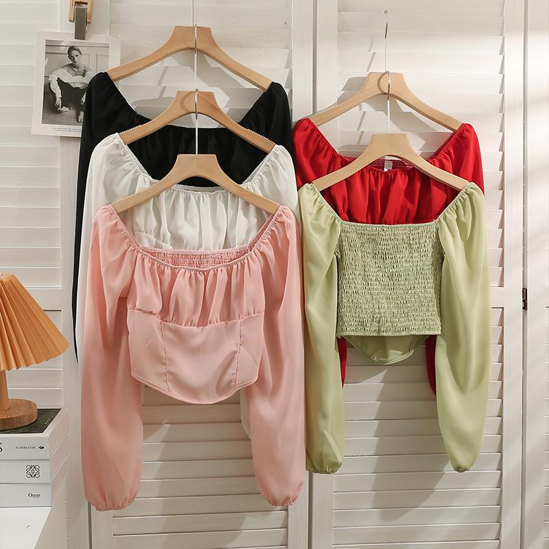 

Women's Blouses & Shirts Puff Long Sleeve Woman Vintage Pleated Blouse Femme Blusas Korean Fashion Shirt Chic Crop Top Women Clothing Dropsh, Green