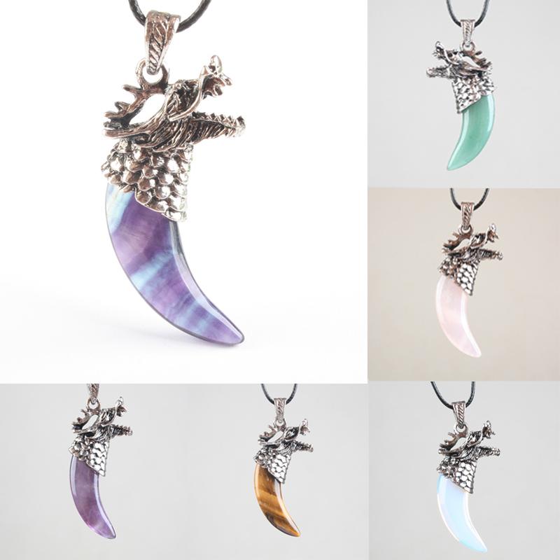 

Pendant Necklaces 18 Kinds Material Dragon Tooth Shape Quartz Opal Aventurine Obsidian Fluorite For Men Jewelry 1PCS