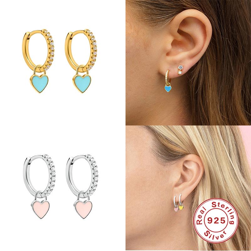 

Hoop & Huggie Aide 925 Sterling Silver Earrings With Cute Candy Neon Color Enamel Heart Charm Drop Earring Gold For GirlsHoop