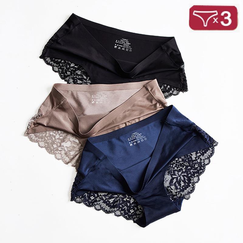

3 Pcs Seamless Panties For Women Underwear Set Female Silk Briefs Sexy Lace Panty Plus Size Underpants Sensual Woman, Dark blue skin gray