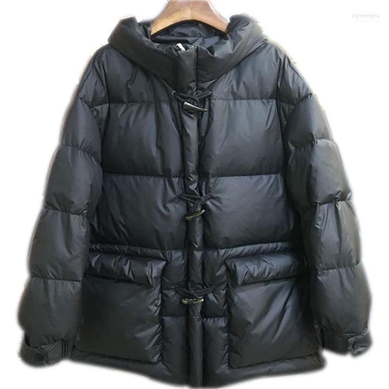

Women' Down & Parkas Autumn And Winter White Duck Fashion Wild Loose Thick Hooded Slimming Horn Buckle Jacket Female Trend Kare22, Black