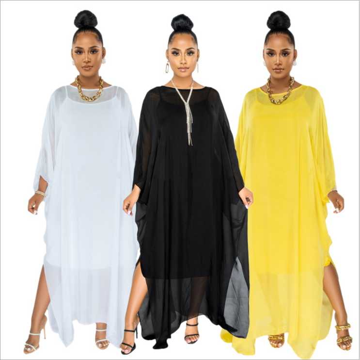 

Casual Dresses 2022 Wholesale Women Summer Long Sleeve Maxi Blouses Mesh Patchwork Dress Vintage Sexy Club, Black;gray