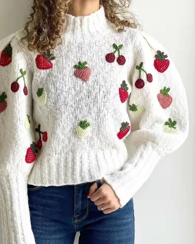 

Women' Sweaters Cute Strawberry Crochet Women Turtleneck Sweater Lantern Sleeve Loose Simple 2022 Autumn Winter Ladies Sweet Knitted Pullov